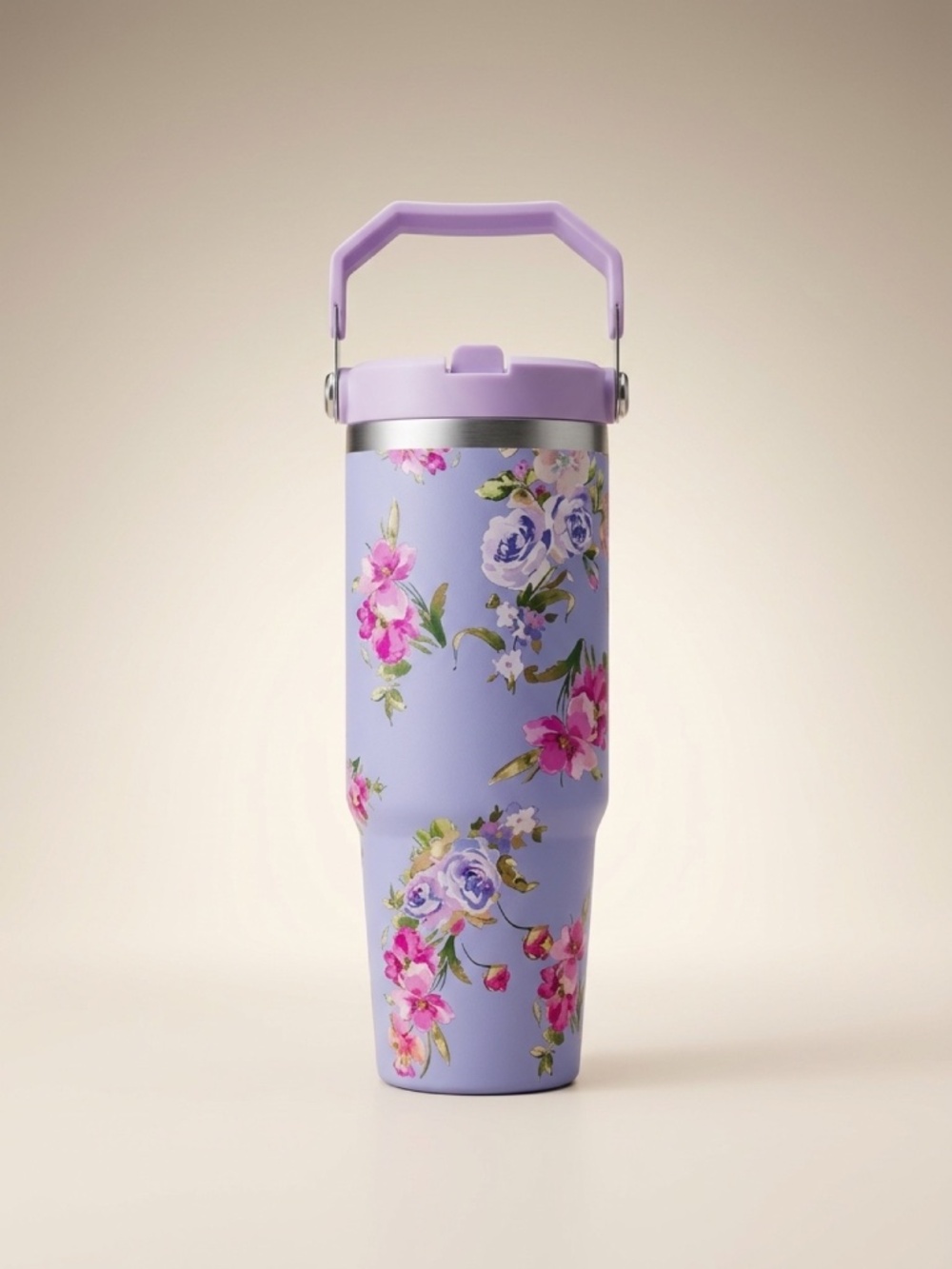 Purple Floral Tumbler with Handle | 30oz